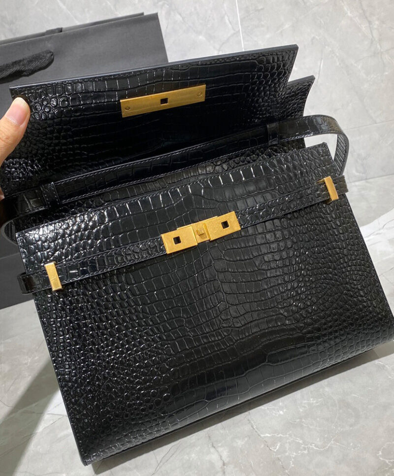 Saint Laurent Manhattan Shoulder Bag In Crocodile-embossed Shiny Leather 579271 Black